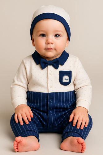 Macacão Bebê Caramell Lux Boy  Azul Marinho E Branco