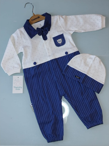 Macacão Bebê Caramell Lux Boy  Azul Marinho E Branco - Imagem 2