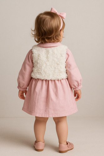 Vestido Infantil Randa Mundo Rosa Com Colete Em Pelo  1 Ano - Imagem 2