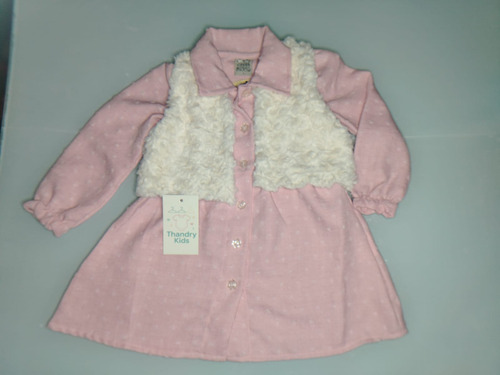 Vestido Infantil Randa Mundo Rosa Com Colete Em Pelo  1 Ano - Imagem 3