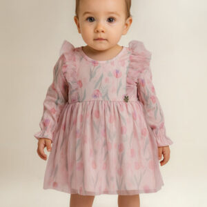 Vestido Infantil Randa Mundo Rosa Com Tule  Manga Longa