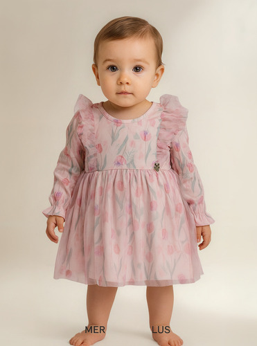 Vestido Infantil Randa Mundo Rosa Com Tule  Manga Longa
