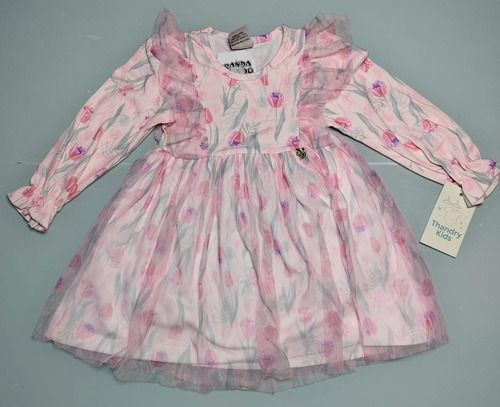Vestido Infantil Randa Mundo Rosa Com Tule  Manga Longa - Imagem 2