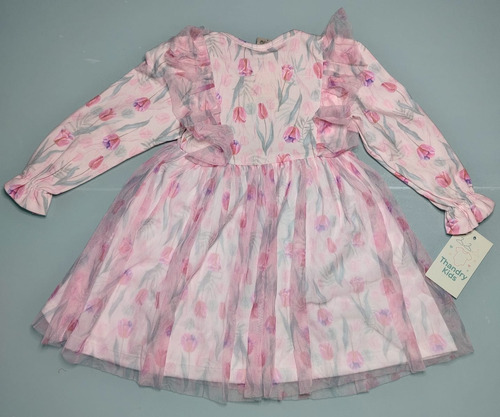 Vestido Infantil Randa Mundo Rosa Com Tule  Manga Longa - Imagem 3