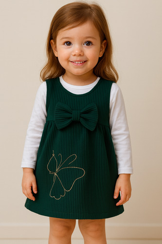Vestido Infantil Menina  Moletinho Verde Com Camiseta Branca