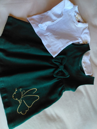 Vestido Infantil Menina  Moletinho Verde Com Camiseta Branca - Imagem 3