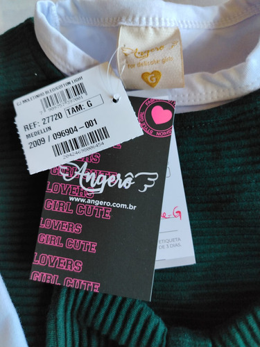 Vestido Infantil Menina  Moletinho Verde Com Camiseta Branca - Imagem 4