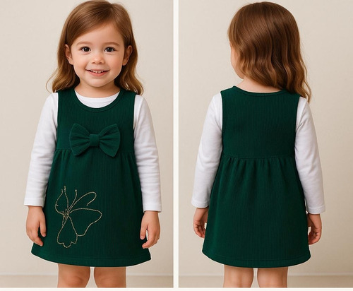 Vestido Infantil Menina  Moletinho Verde Com Camiseta Branca - Imagem 5