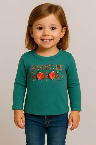 Blusa Infantil Menina Manga Longa Verde Mineral Com Flores