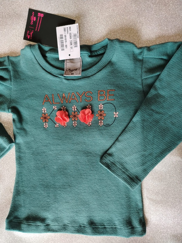 Blusa Infantil Menina Manga Longa Verde Mineral Com Flores - Imagem 2