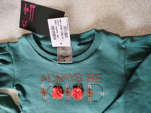 Blusa Infantil Menina Manga Longa Verde Mineral Com Flores - Imagem 3