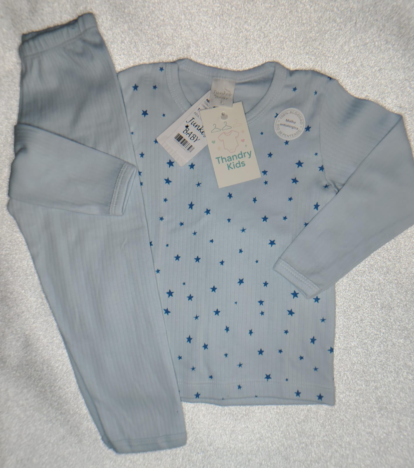 Conjunto Longo Canelado Azul Claro – Estampado Estrelas – Tamanho 2 - Imagem 3