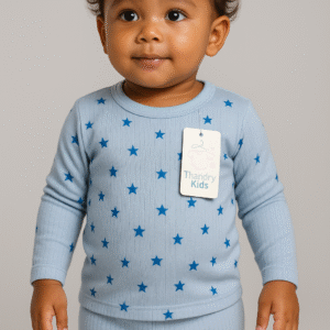 Conjunto Longo Canelado Azul Claro – Estampado Estrelas – Tamanho 2