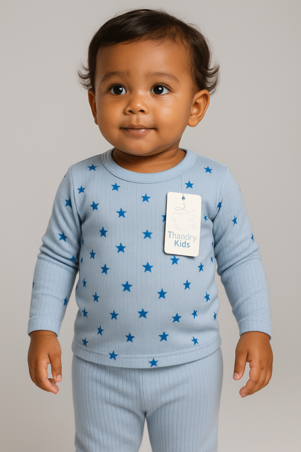 Conjunto Longo Canelado Azul Claro – Estampado Estrelas – Tamanho 2
