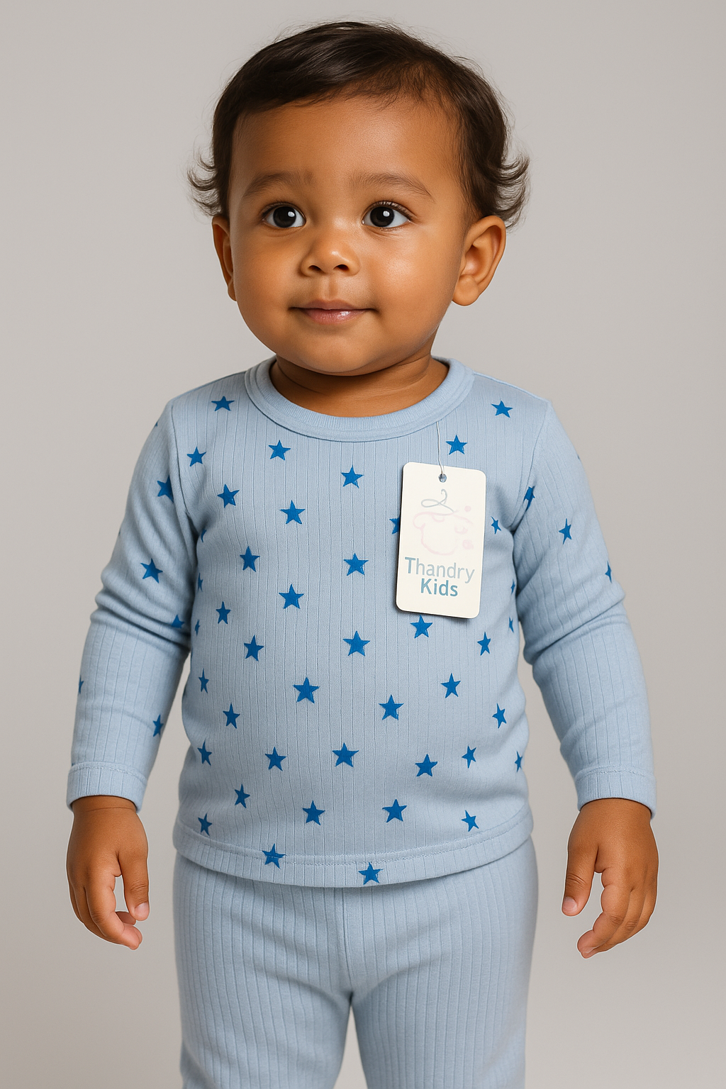 Conjunto Longo Canelado Azul Claro – Estampado Estrelas – Tamanho 2