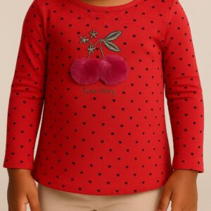 Blusa Menina P (1 a 3 meses) Manga Longa Vermelha Corações com Bordado Sweet Cherry
