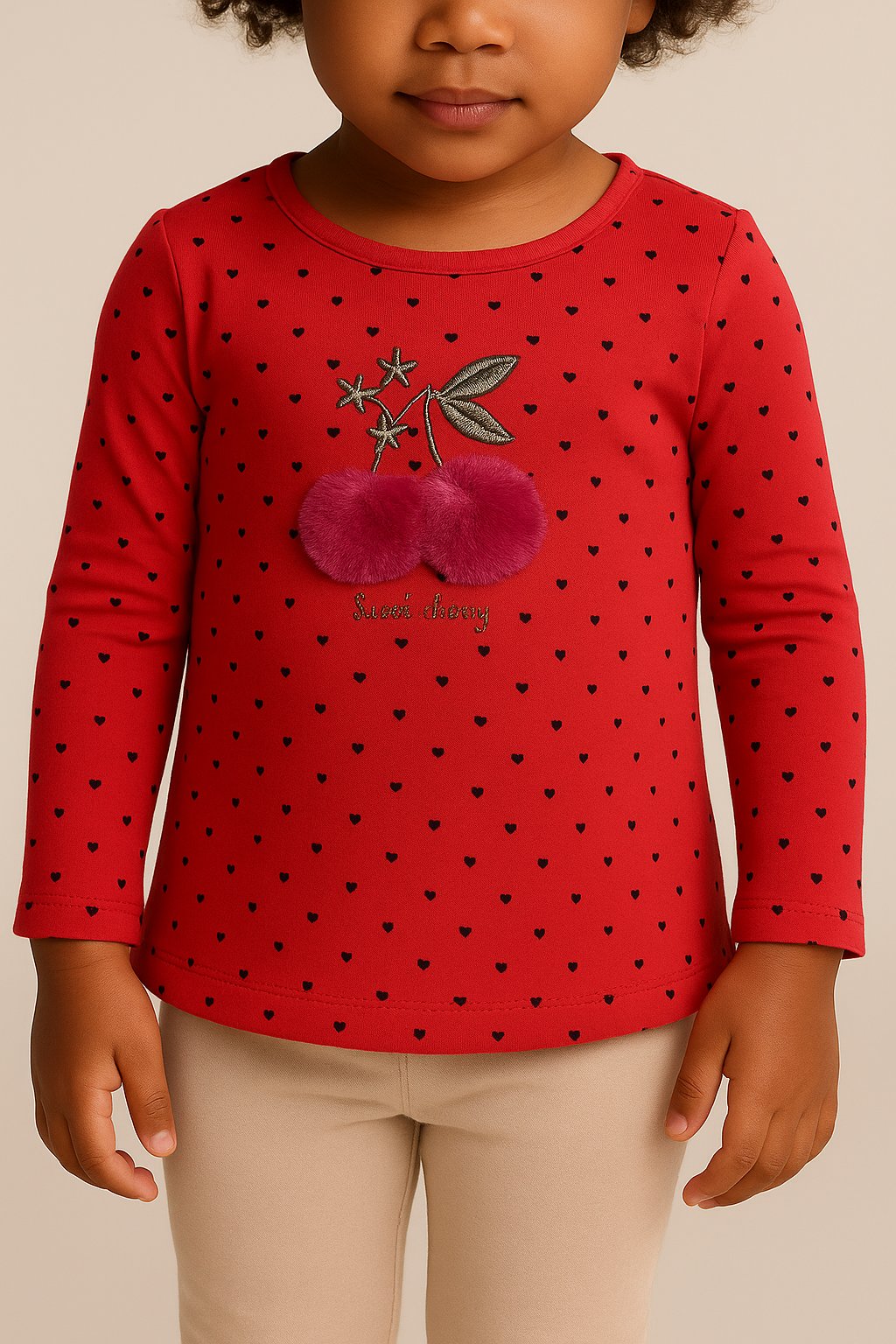 Blusa Menina P (1 a 3 meses) Manga Longa Vermelha Corações com Bordado Sweet Cherry