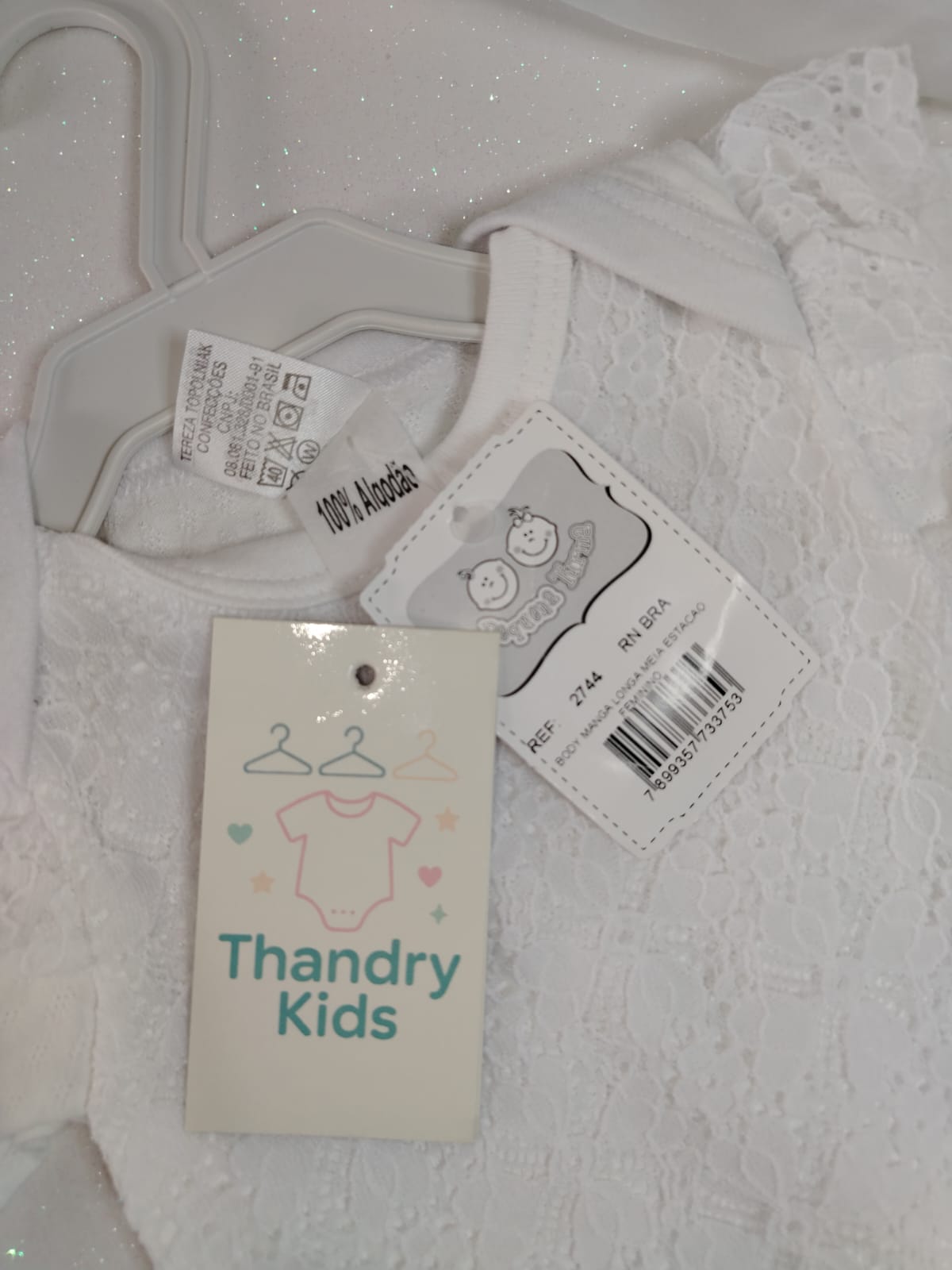 Body Manga Longa RN Branco com Renda Floral - Imagem 3