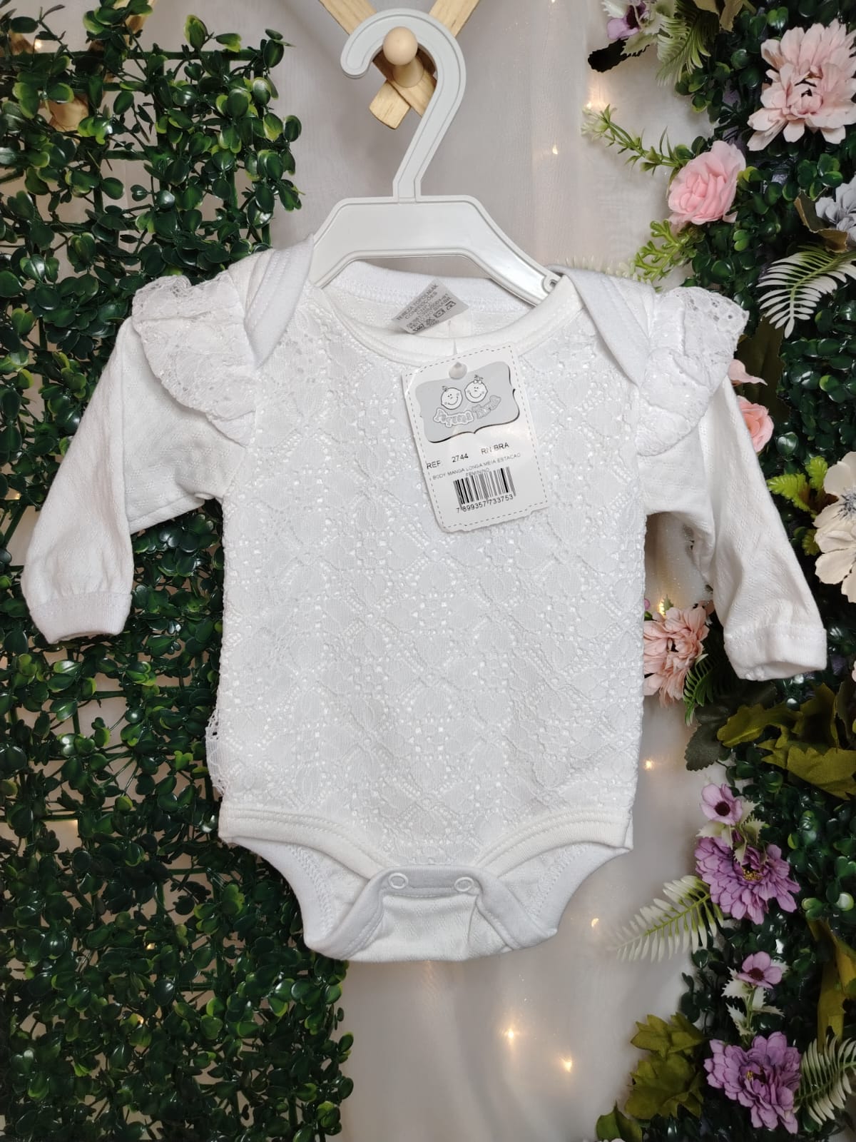 Body Manga Longa RN Branco com Renda Floral - Imagem 2
