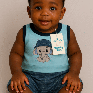 Macacão Regata Elefante Azul – Tamanho P (1 a 3 meses)