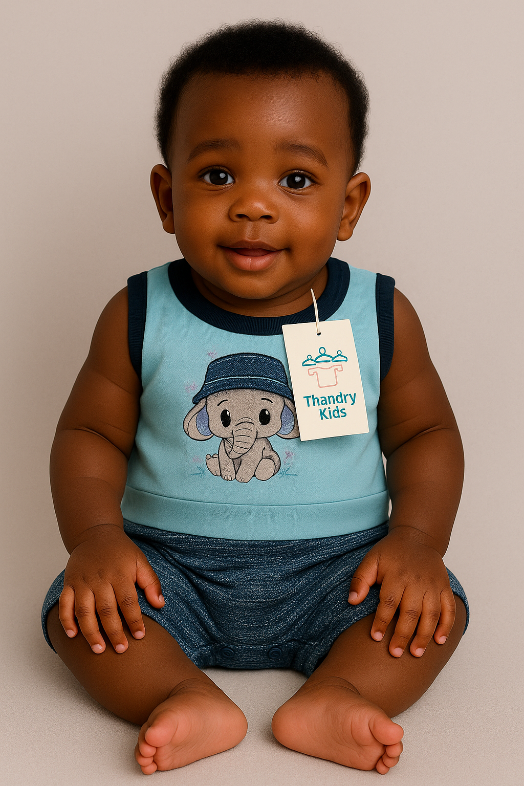 Macacão Regata Elefante Azul – Tamanho P (1 a 3 meses)