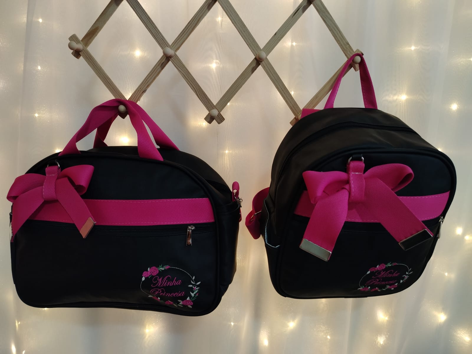 KIT 2PCS BOLSA MATERNIDADE C/ MOCHILA "Minha Princesa" (Preto com Rosa) - Imagem 2