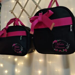 KIT 2PCS BOLSA MATERNIDADE C/ MOCHILA "Minha Princesa" (Preto com Rosa)