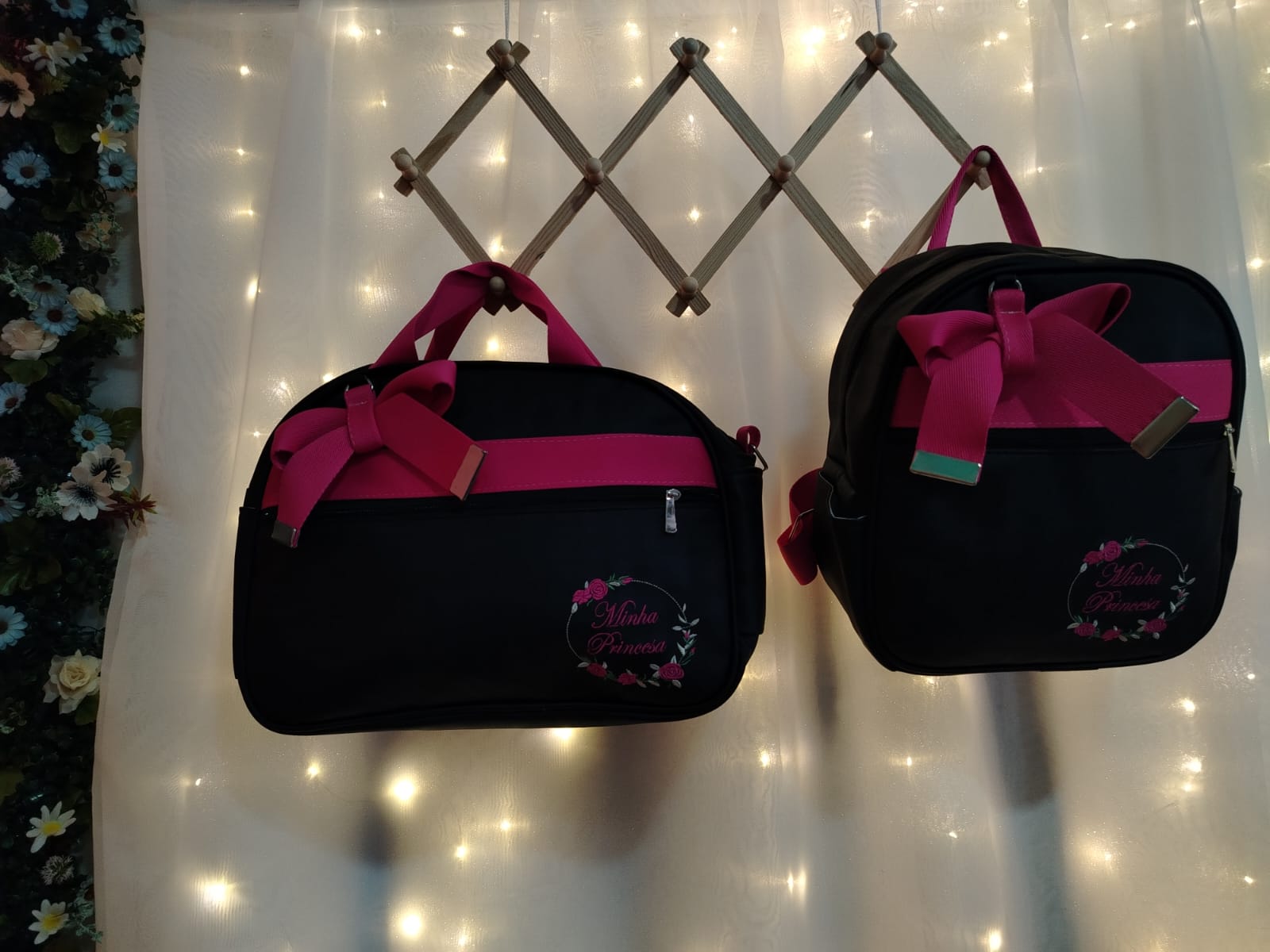 KIT 2PCS BOLSA MATERNIDADE C/ MOCHILA "Minha Princesa" (Preto com Rosa) - Imagem 3