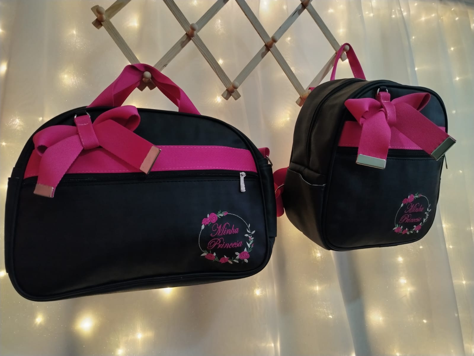 KIT 2PCS BOLSA MATERNIDADE C/ MOCHILA "Minha Princesa" (Preto com Rosa) - Imagem 5