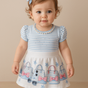 Conjunto Body Pérola Listrado Azul com Saia Branca Estampada Menina Tam 1 (12 a 18 meses)