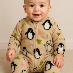 Macacão Fleece Pinguim Bege RN Jeito Inocente