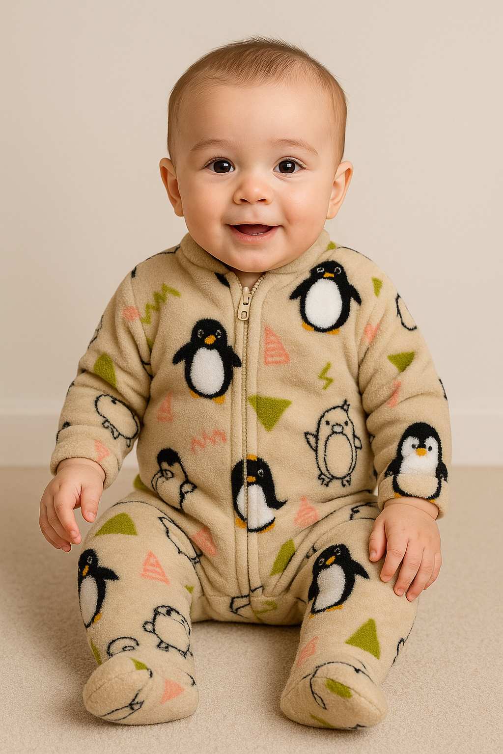 Macacão Fleece Pinguim Bege RN Jeito Inocente