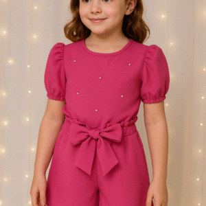 Conjunto Menina Rosa Jujuba com Pérolas e Laço – Ding Dang Premium 00048