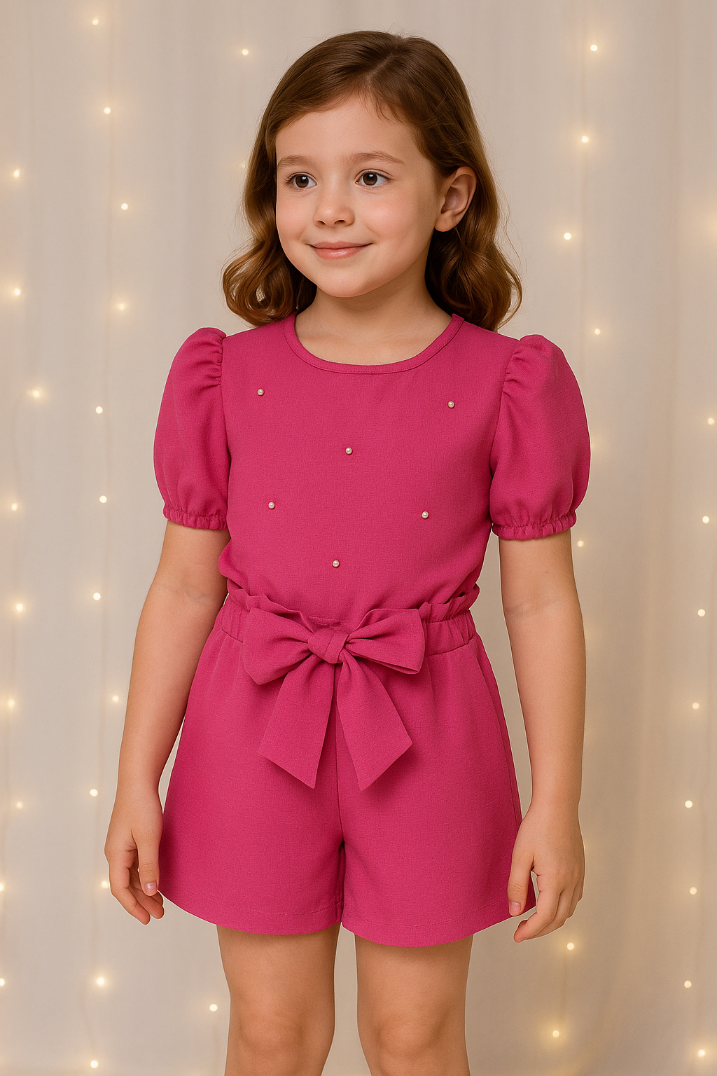 Conjunto Menina Rosa Jujuba com Pérolas e Laço – Ding Dang Premium 00048