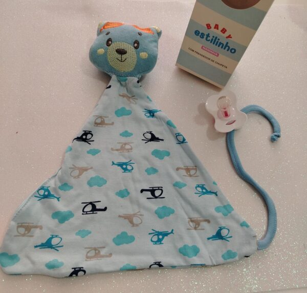 Naninha Ursinho Azul Baby Estilinho – 100% Algodão com Prendedor de Chupeta