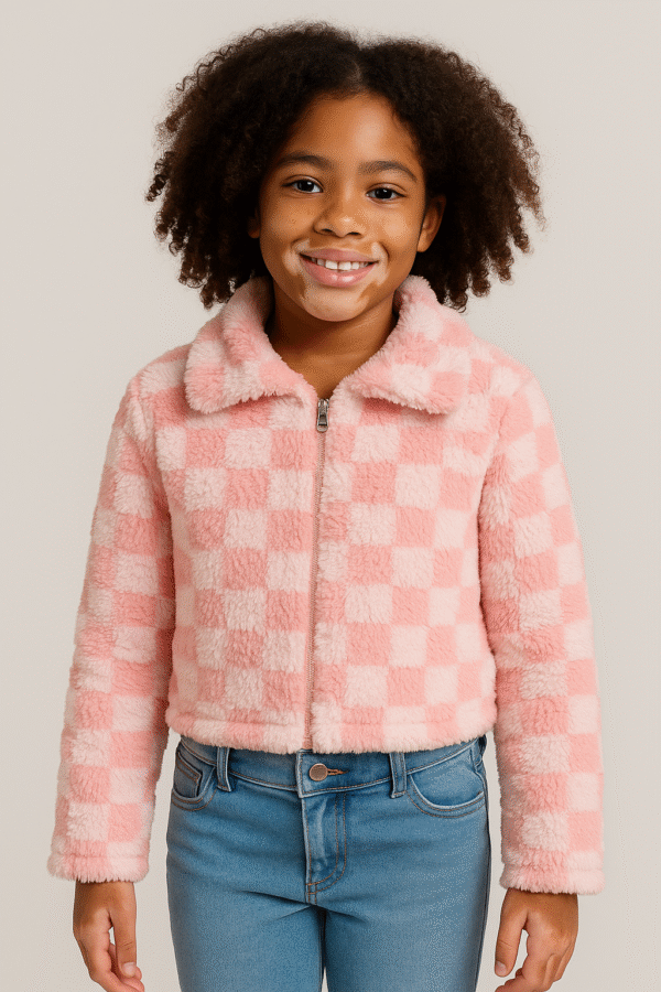 Jaqueta Infantil Plush Xadrez Rosa – Malhas Isensee