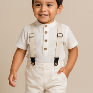 Conjunto Social Menino Branco com Suspensório – Tamanho G (2 a 3 anos)