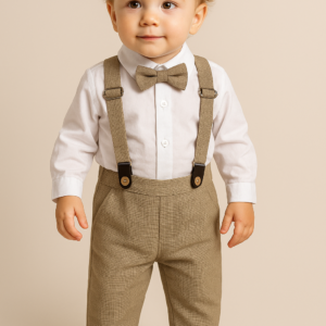 Conjunto Camisa com Suspensório e Gravata Borboleta Bege – Polo Infantil | Ref. 182