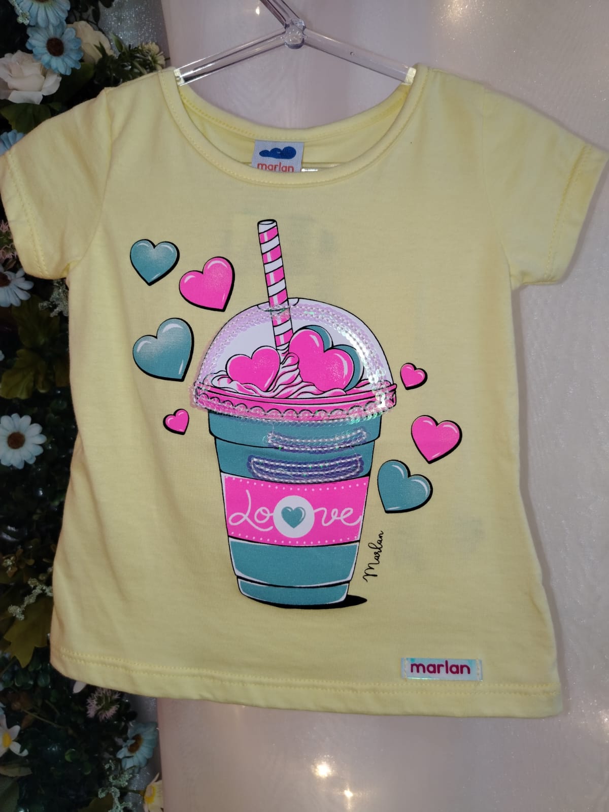 Camiseta Menina Amarela Estampa Copo Love Ref. 42521 Tamanho 1 ano - Imagem 2
