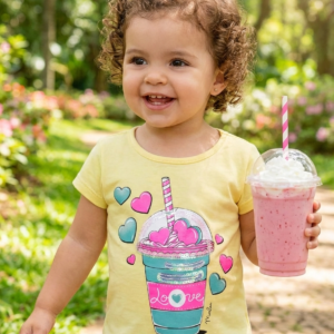 Camiseta Menina Amarela Estampa Copo Love Ref. 42521 Tamanho 1 ano