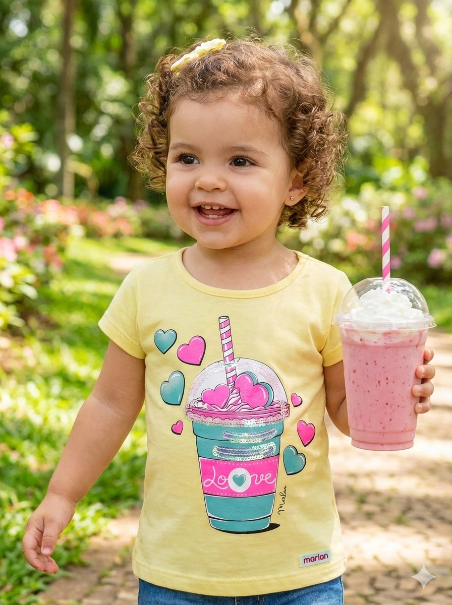 Camiseta Menina Amarela Estampa Copo Love Ref. 42521 Tamanho 1 ano