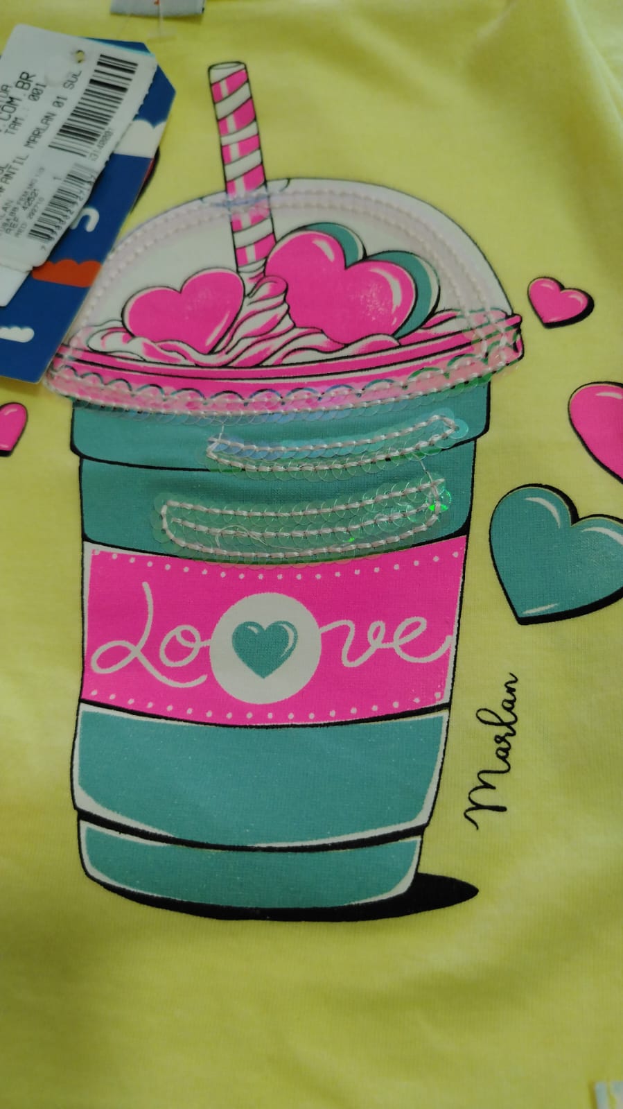 Camiseta Menina Amarela Estampa Copo Love Ref. 42521 Tamanho 1 ano - Imagem 3