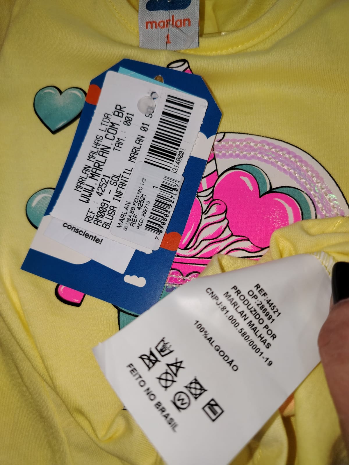 Camiseta Menina Amarela Estampa Copo Love Ref. 42521 Tamanho 1 ano - Imagem 5