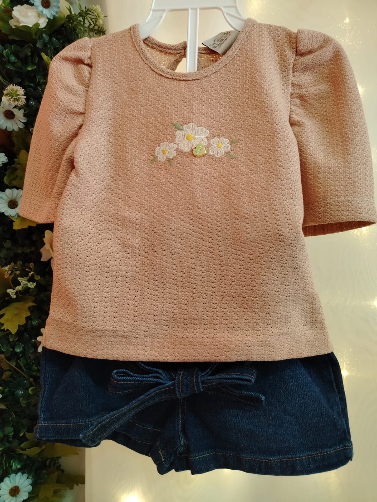 Conjunto Menina Blusa Bordada + Shorts Jeans 80301 TAMANHO 1 - Imagem 3