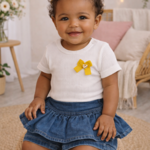 Conjunto Bebê Body Off White Texturizado + Shorts Jeans Saia 8010 TAMANHO P
