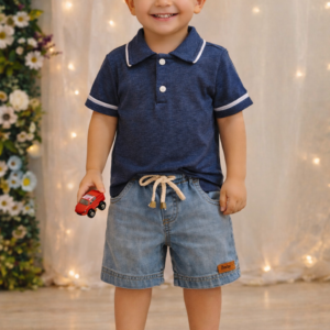 Conjunto Infantil Masculino  6375 Camisa Polo Azul + Bermuda Jeans TAMANHO  P