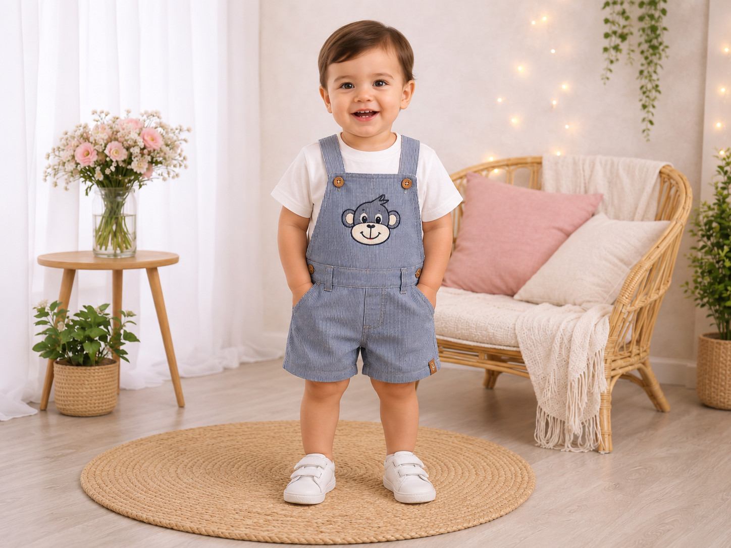Conjunto Jardineira Curta Macaquinho Macaco Azul Bebê 851100163
