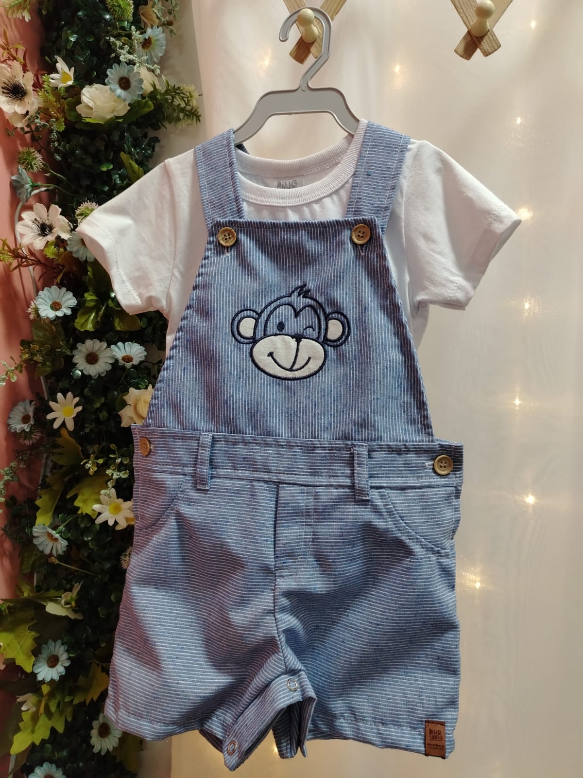 Conjunto Jardineira Curta Macaquinho Macaco Azul Bebê 851100163 - Imagem 2