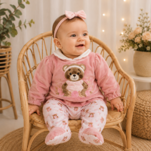 Macacão Plush Bebê Menina Ursinha Rosa 001Bordada Manu Baby’s Tamanho P