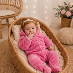 Macacão Plush Bebê com Capuz Cor:Rosa escuro;Tamanho:P( pode sofrer variações de tonalidades)